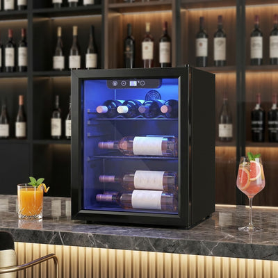 Wine Cooler for 16 Bottles with Double-Glass Door for Kitchens and Home Bars Black Homcom