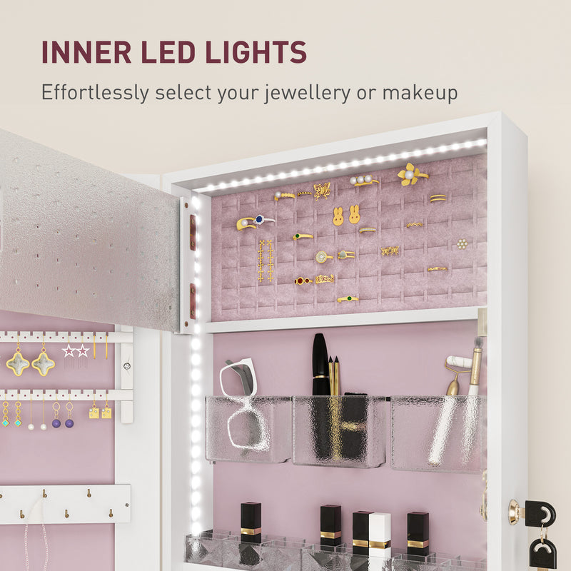 White Lockable Jewellery Cabinet with LED Lights and Pink Lining 108 x 37cm by HOMCOM