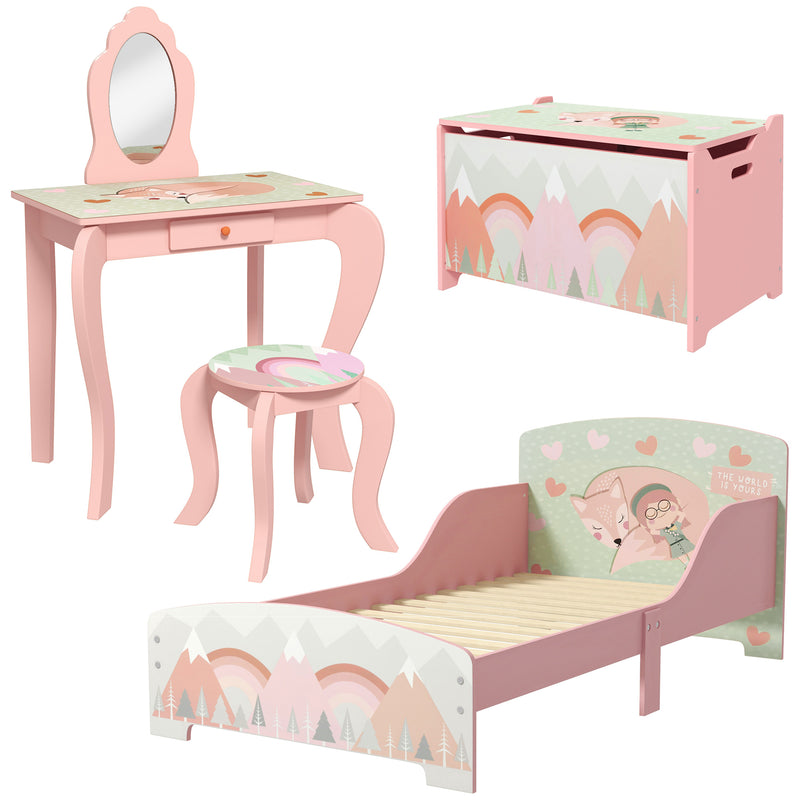 Kids Bedroom Furniture Set with Bed Toy Chest and Dressing Table for Ages 3 to 6 Pink AOSOM