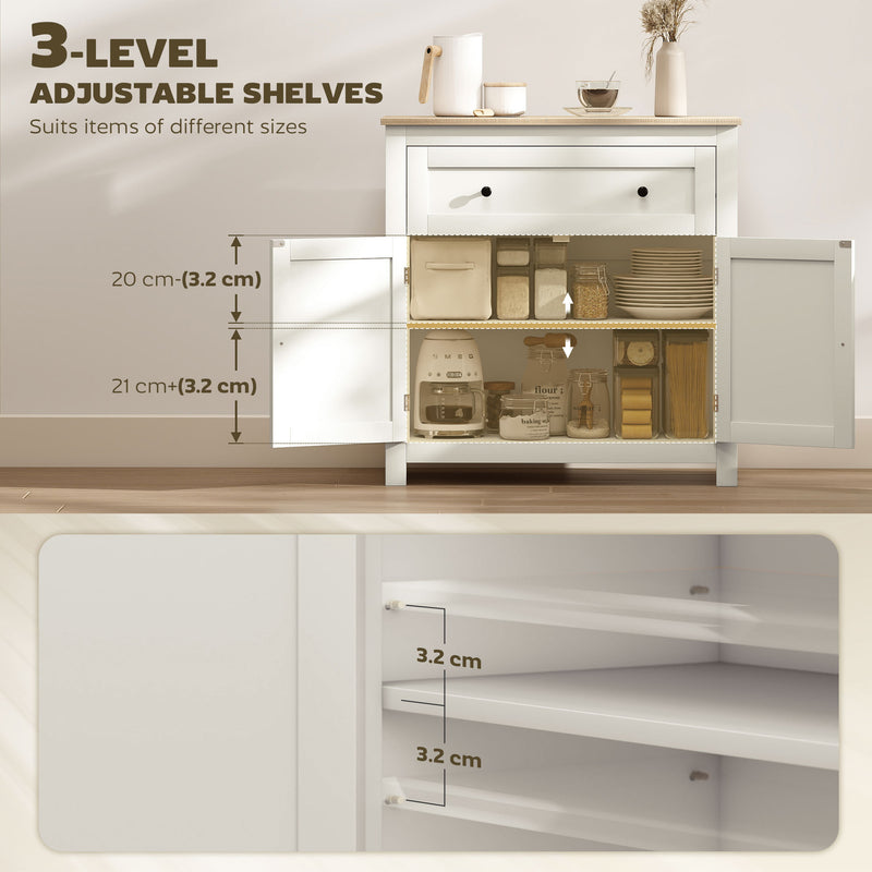 Modern White Wooden Kitchen Sideboard With Oak Top Large Drawer Double Doors and Adjustable Shelf