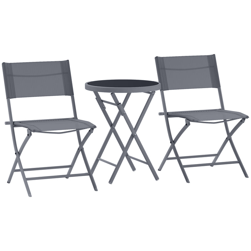 3 Piece Outdoor Bistro Set with Glass Table and Folding Chairs Grey by Outsunny