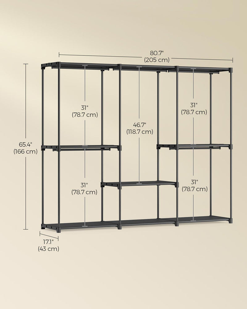 Portable Wardrobe with Hanging Rail and Shelves in Black 205x43x166 cm by Songmics