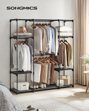 Portable Black Wardrobe with Shelves and Hanging Rail for Bedroom Storage by Songmics