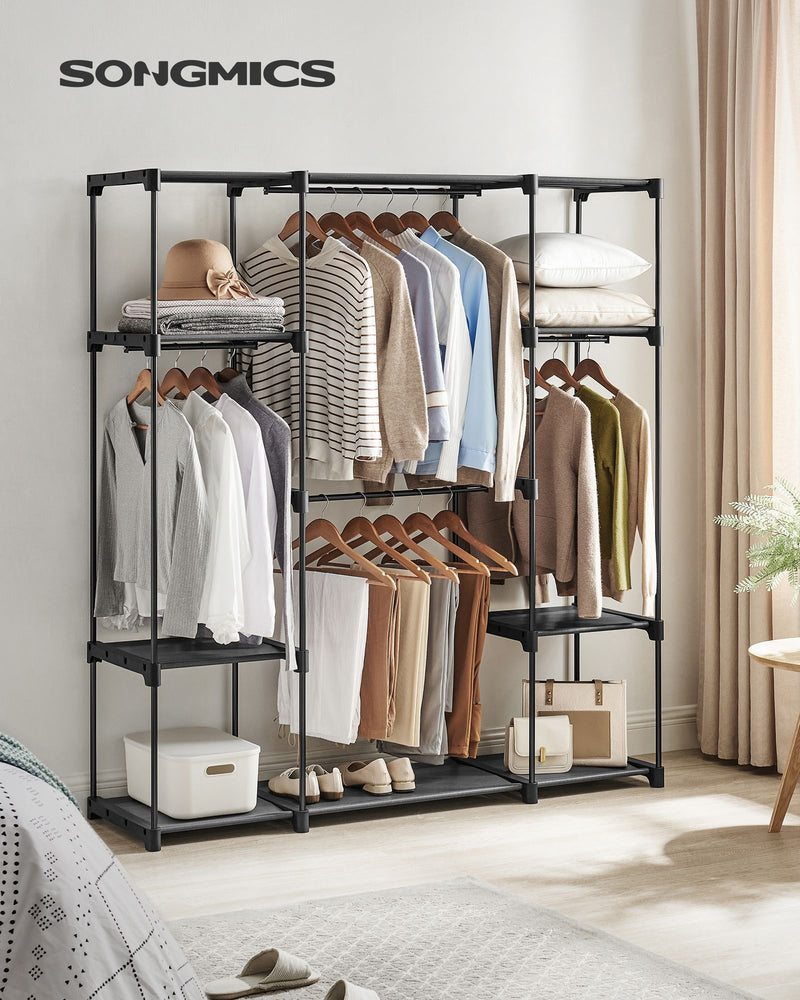 Portable Black Wardrobe with Shelves and Hanging Rail for Bedroom Storage by Songmics