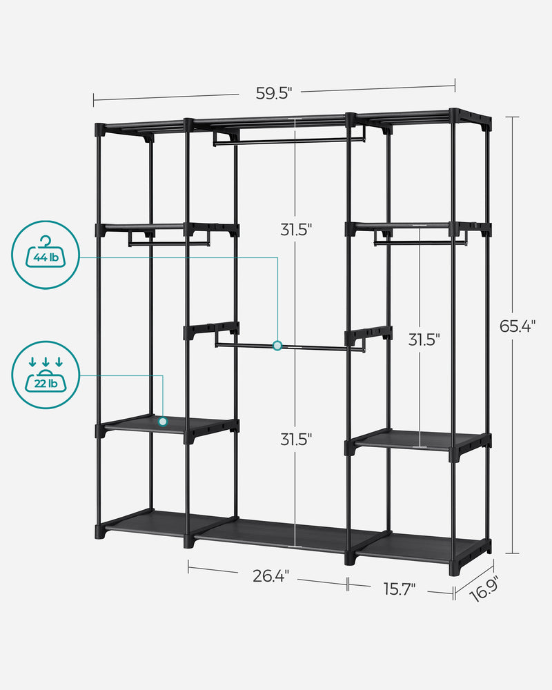 Portable Black Wardrobe with Shelves and Hanging Rail for Bedroom Storage by Songmics