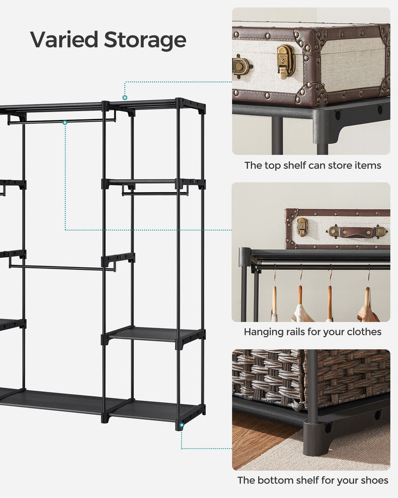 Portable Black Wardrobe with Shelves and Hanging Rail for Bedroom Storage by Songmics
