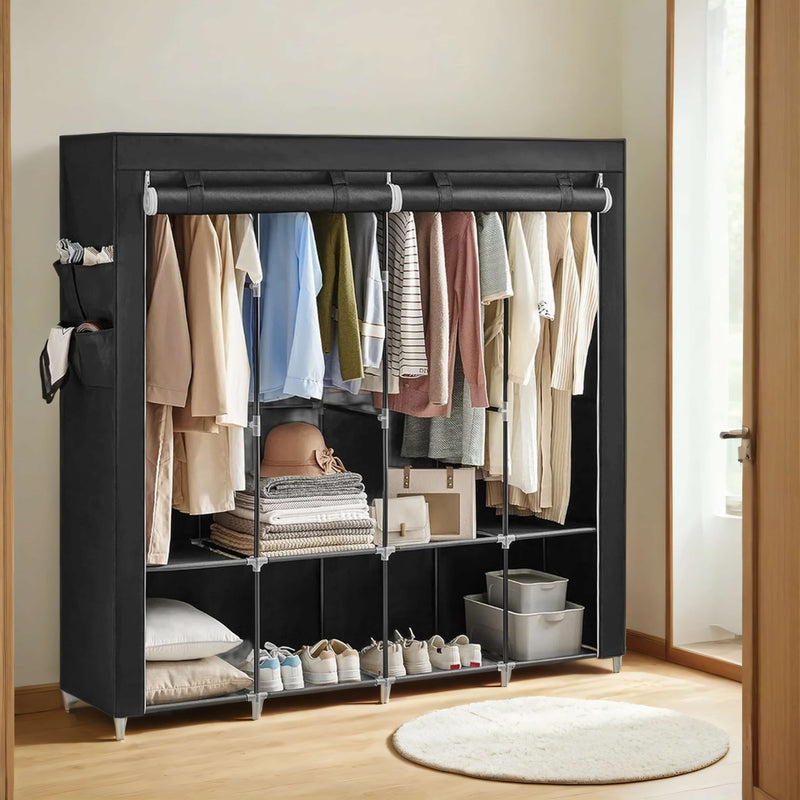 Portable Wardrobe Closet Organiser with Cover Shelves and 4 Hanging Rails by Songmics