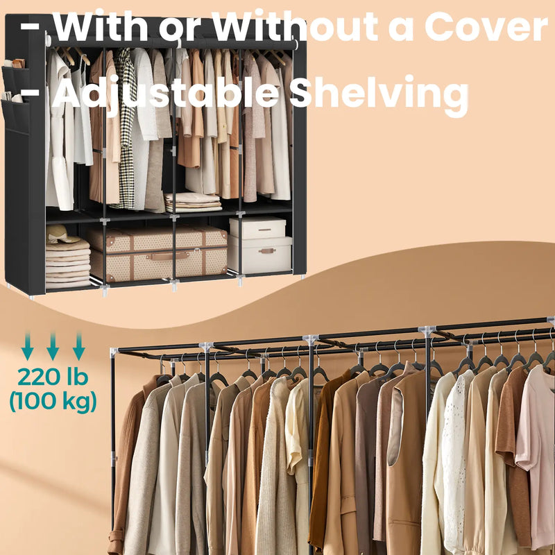 Portable Wardrobe Closet Organiser with Cover Shelves and 4 Hanging Rails by Songmics