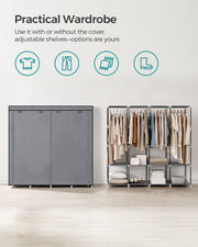 Grey Portable Wardrobe with Shelves and 4 Hanging Rails for Bedroom and Living Room by Songmics