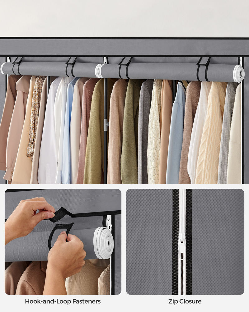 Grey Portable Wardrobe with Shelves and 4 Hanging Rails for Bedroom and Living Room by Songmics