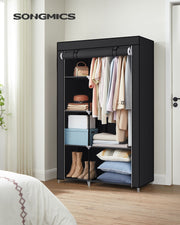 Black Fabric Wardrobe with Two Hanging Rails and Storage Shelves by Songmics