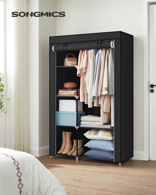 Black Fabric Wardrobe with Two Hanging Rails and Storage Shelves by Songmics