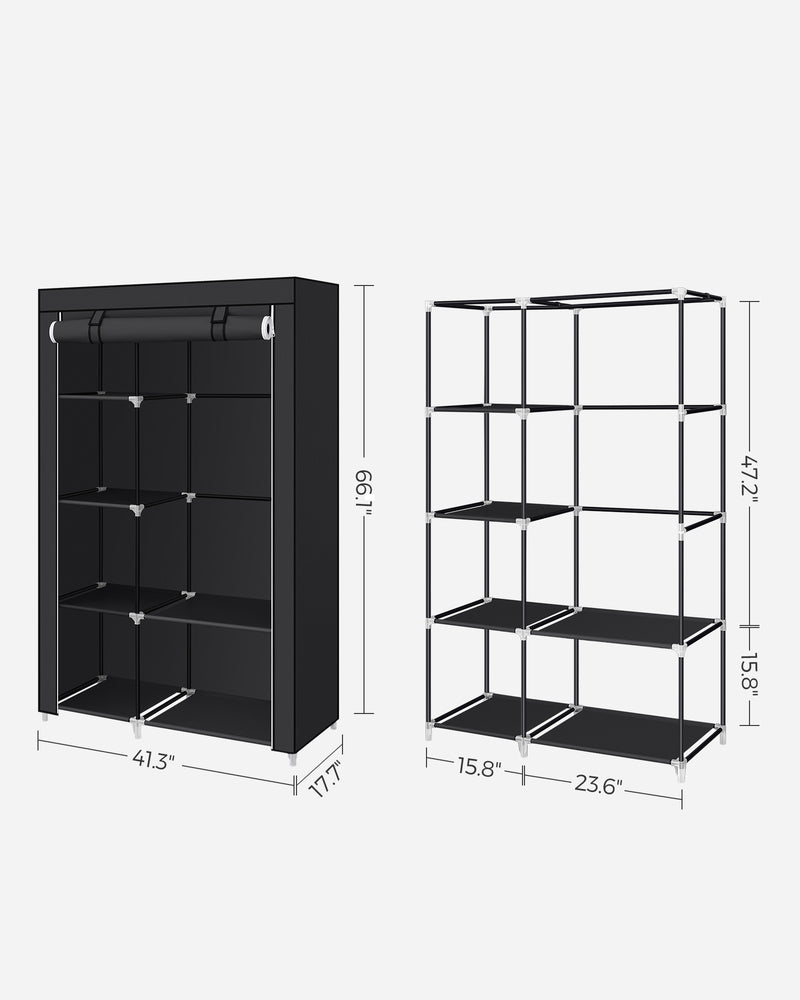 Black Fabric Wardrobe with Two Hanging Rails and Storage Shelves by Songmics