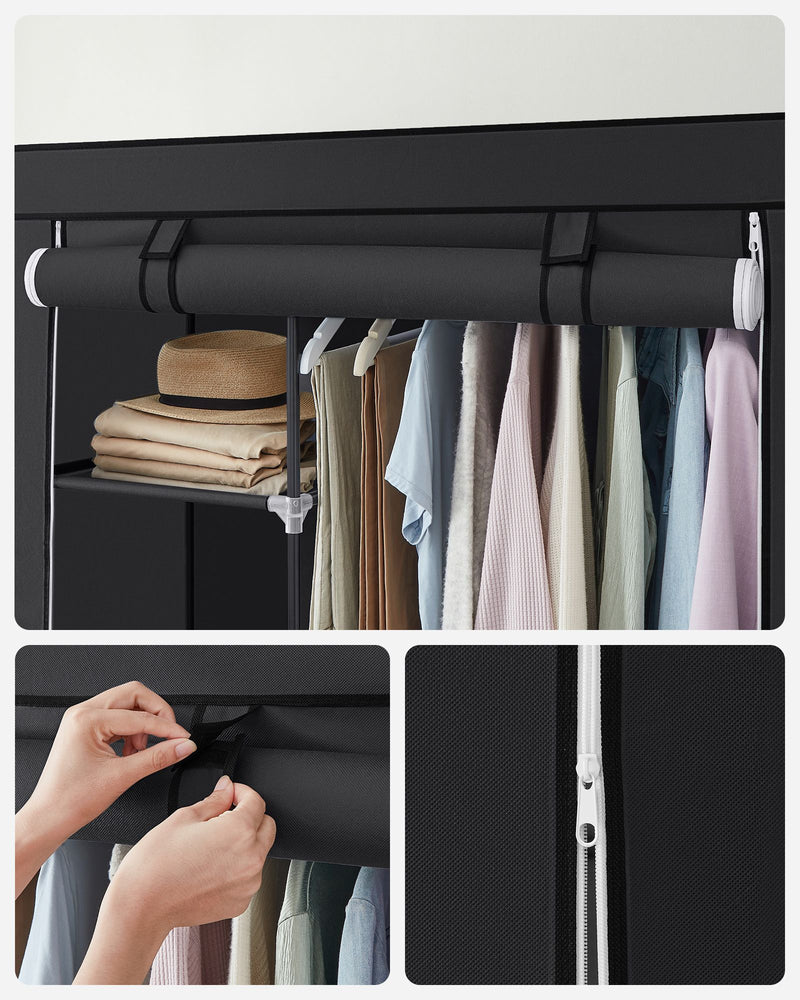 Black Fabric Wardrobe with Two Hanging Rails and Storage Shelves by Songmics