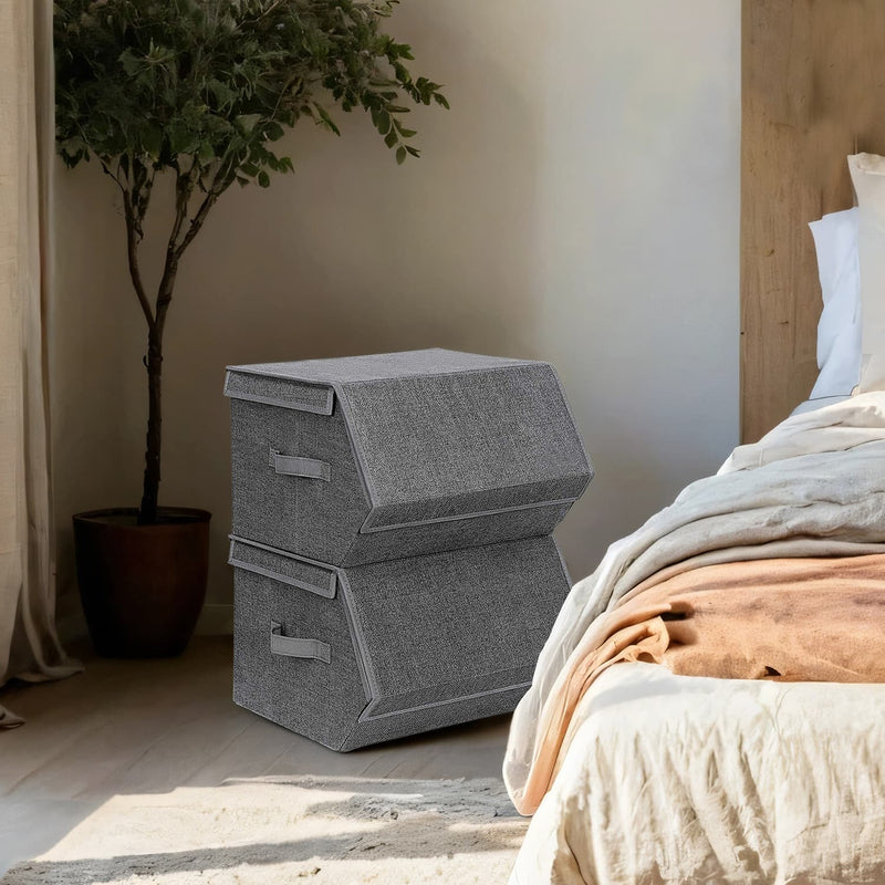 Stackable Fabric Storage Bins Set of 2 with Magnetic Lids for Wardrobe Organisation by Songmics
