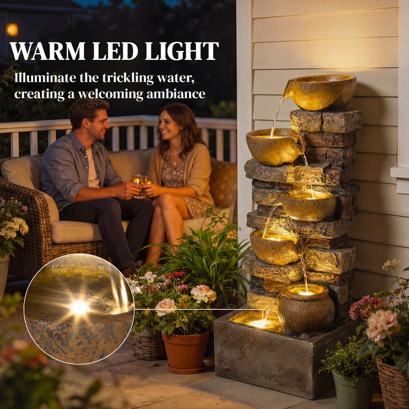 Garden Water Fountain with Calming Cascading Tiers and LED Lights for Relaxing Evenings Rustic Brown Outsunny