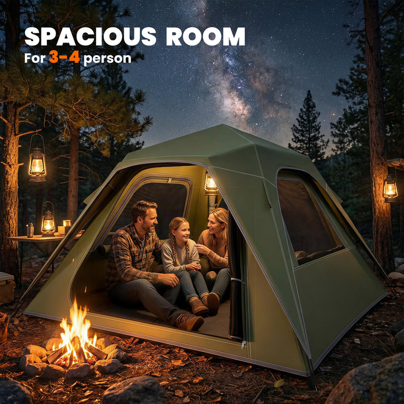 Pop Up Family Tent for Quick Camping Setup Sleeps 3 to 4 Waterproof Green