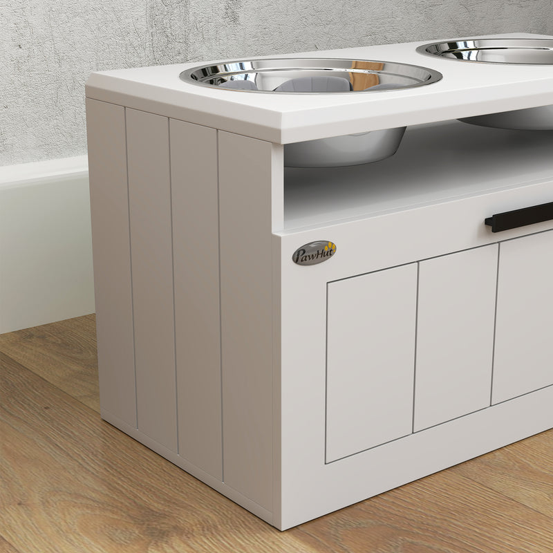 Raised Dog Bowl with Slow Feeder and Storage Drawer for Large Dogs White by PawHut