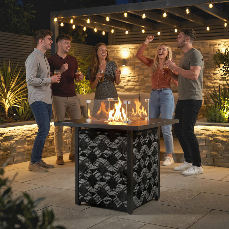 Gas Fire Pit Table with Glass Wind Guard for Warm Garden Gatherings and Coffee Table Use 40,000BTU Black