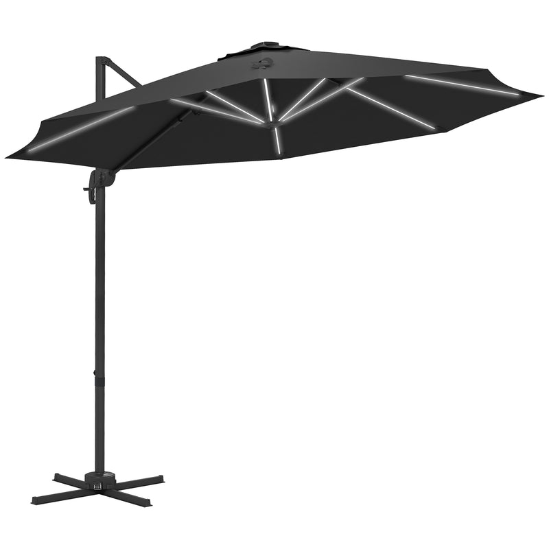 Dark Grey 3m Cantilever Garden Parasol With Base And Solar LED Lights For Shade