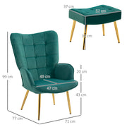 Velvet Wingback Armchair with Footstool for Living Room or Bedroom Steel Legs Dark Green