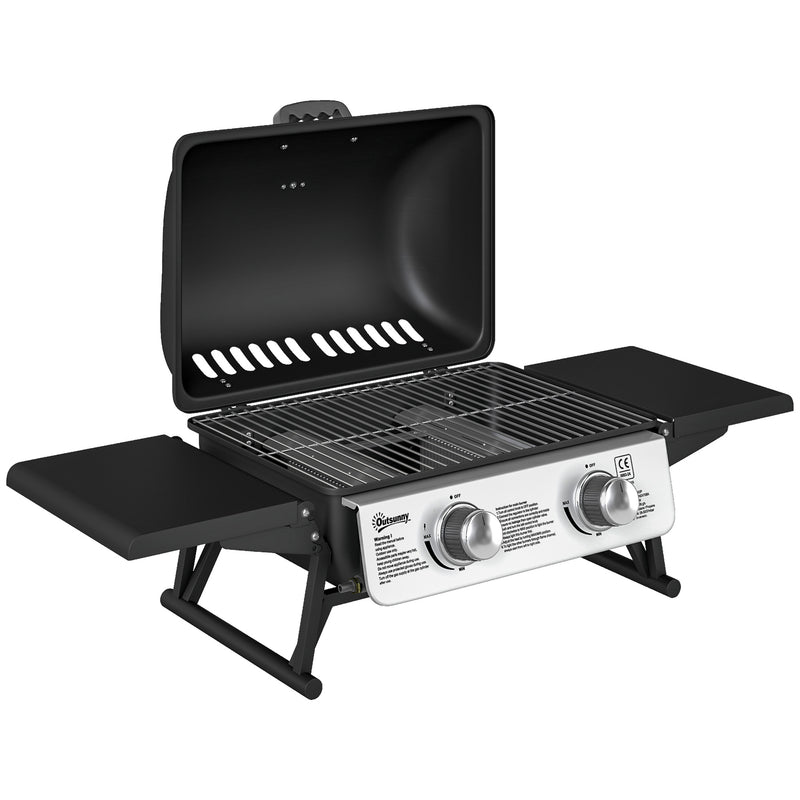 2 Burner Portable Gas BBQ Grill with Folding Side Tables and Thermometer by Outsunny