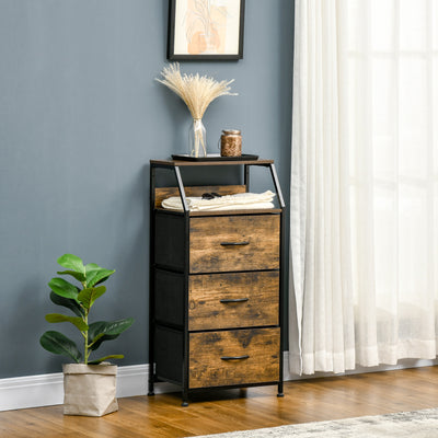 Industrial Storage Cabinet With 3 Fabric Drawers And Open Shelves For Living Room, Rustic Brown
