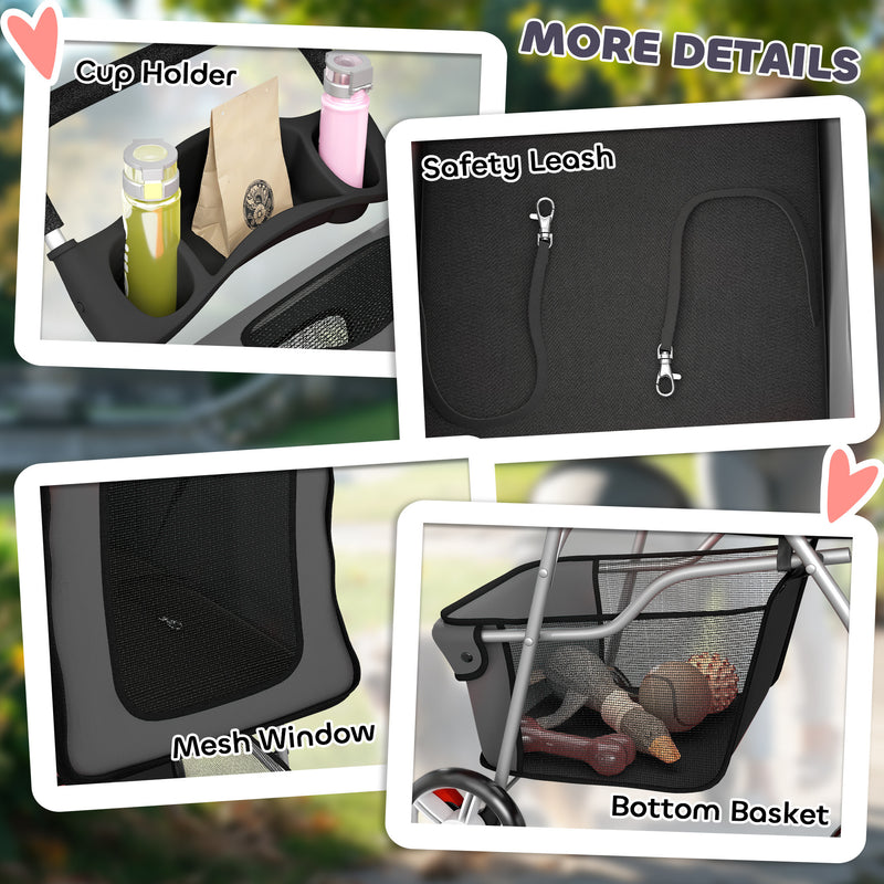 Foldable Pet Stroller With 360 Swivel Wheels And Reflective Strips For Dogs And Cats Dark Grey