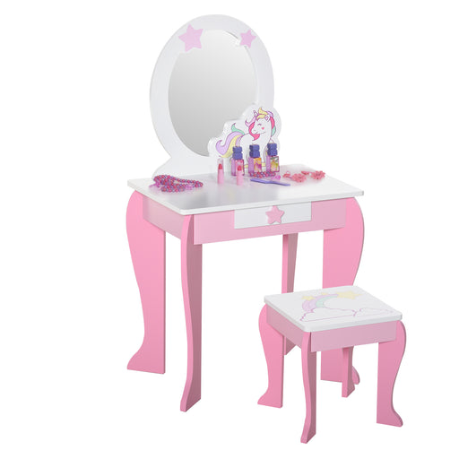 Kids Dressing Table Set with Mirror and Stool for Bedroom or Playroom, Pink