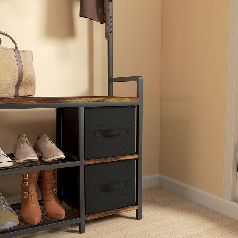 Industrial Style Hallway Coat Rack With Shoe Bench in Brown and Black by HOMCOM