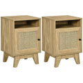 2 Piece Rattan Bedside Tables With Shelf and Cupboard for Bedroom Storage Natural