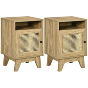 2 Piece Rattan Bedside Tables With Shelf and Cupboard for Bedroom Storage Natural