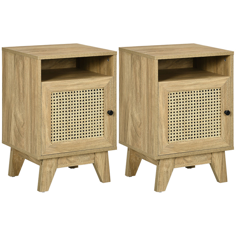 2 Piece Rattan Bedside Tables With Shelf and Cupboard for Bedroom Storage Natural