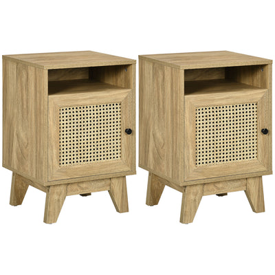 2 Piece Rattan Bedside Tables With Shelf and Cupboard for Bedroom Storage Natural