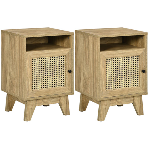 2 Piece Rattan Bedside Tables With Shelf and Cupboard for Bedroom Storage Natural