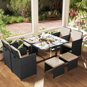 Image of a Black Rattan Cube Patio Furniture Set With Cream Cushions