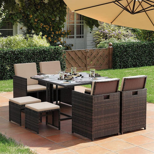 Image of a brown Rattan Cube Patio Furniture Set With Cream Cushions