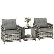 Rattan Bistro Set for 2 with Cushioned Chairs and Glass Table for Small Outdoor Spaces Outsunny