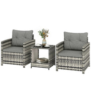 Rattan Bistro Set for 2 with Cushioned Chairs and Glass Table for Small Outdoor Spaces Outsunny