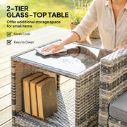 Rattan Bistro Set for 2 with Cushioned Chairs and Glass Table for Small Outdoor Spaces Outsunny