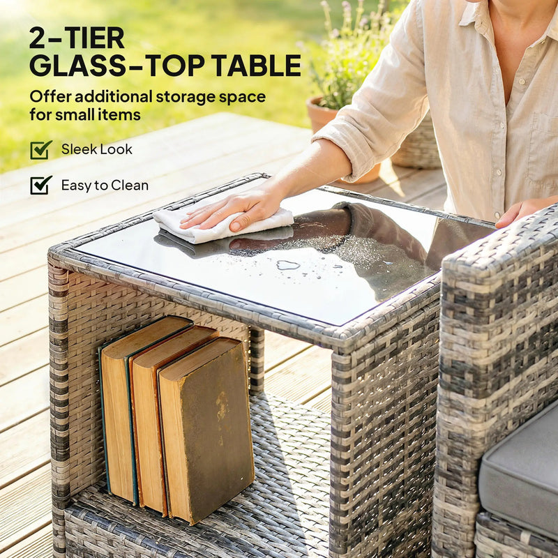 Rattan Bistro Set for 2 with Cushioned Chairs and Glass Table for Small Outdoor Spaces Outsunny