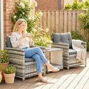 Rattan Bistro Set for 2 with Cushioned Chairs and Glass Table for Small Outdoor Spaces Outsunny