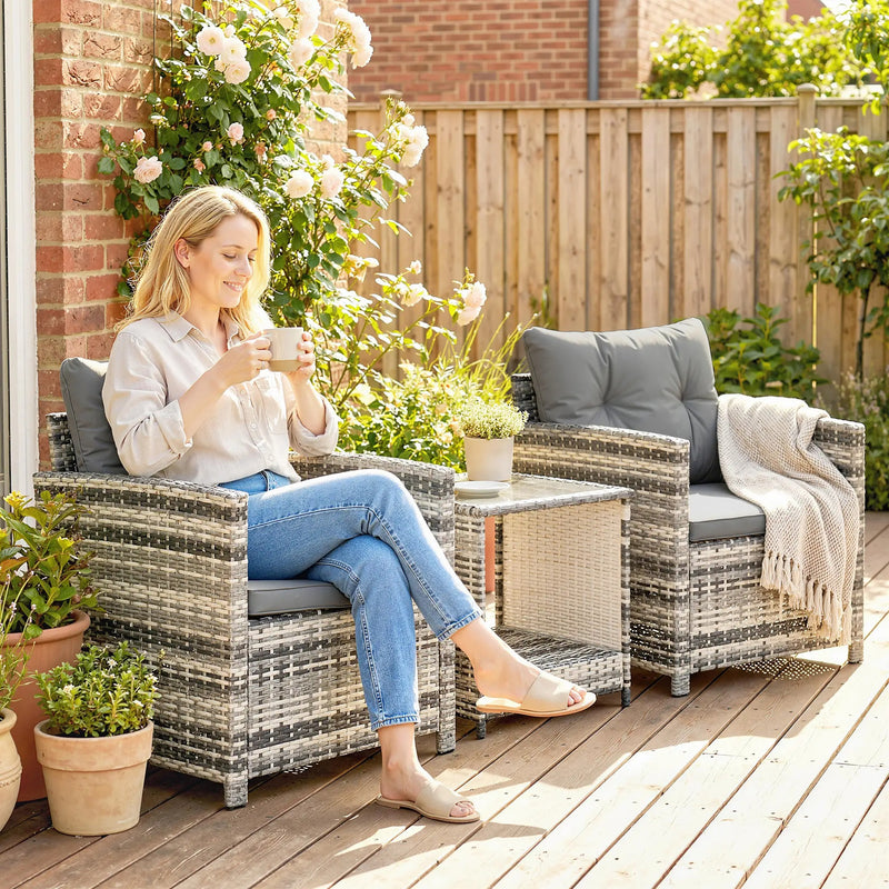 Rattan Bistro Set for 2 with Cushioned Chairs and Glass Table for Small Outdoor Spaces Outsunny