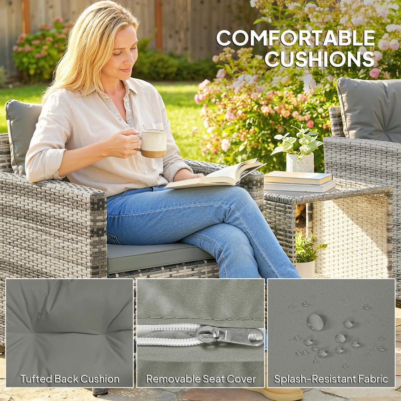 Rattan Bistro Set for 2 with Cushioned Chairs and Glass Table for Small Outdoor Spaces Outsunny
