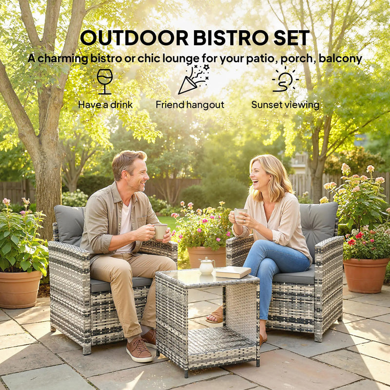 Rattan Bistro Set for 2 with Cushioned Chairs and Glass Table for Small Outdoor Spaces Outsunny