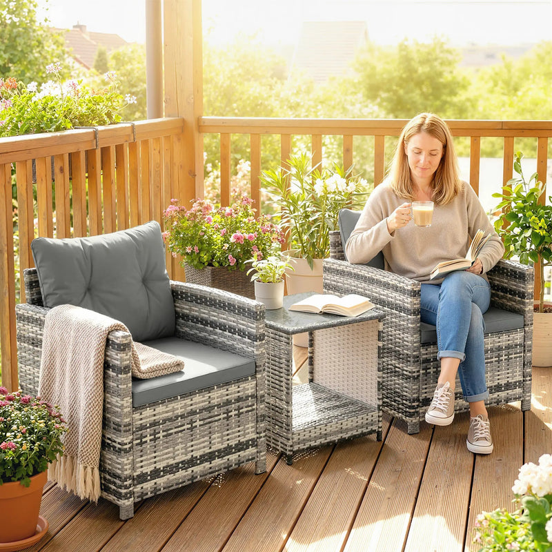 Rattan Bistro Set for 2 with Cushioned Chairs and Glass Table for Small Outdoor Spaces Outsunny