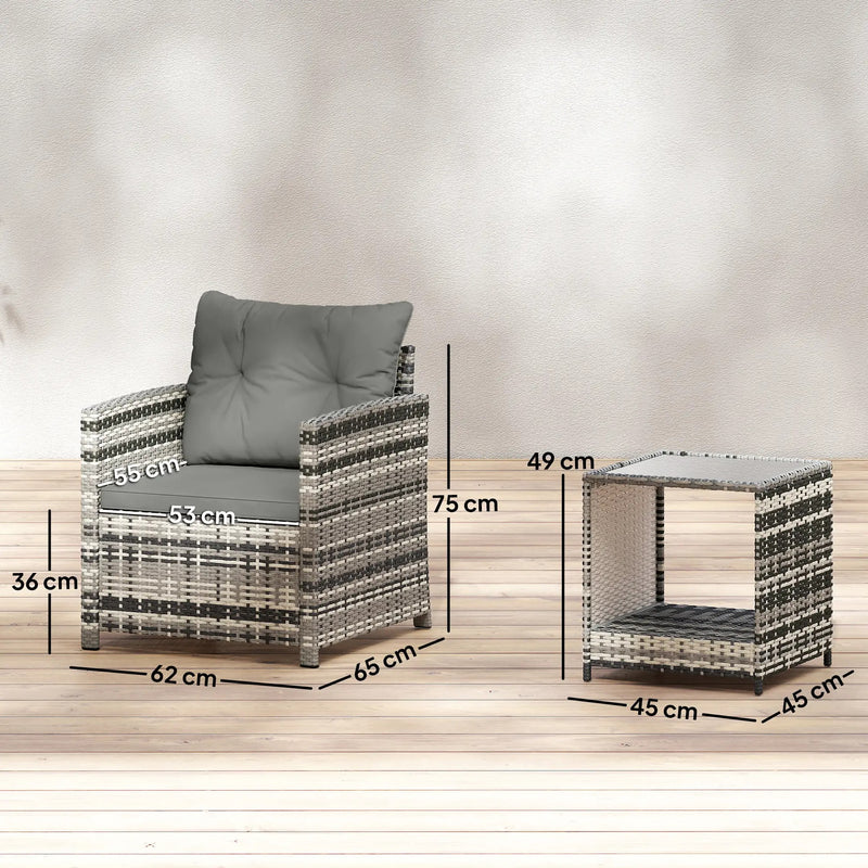 Rattan Bistro Set for 2 with Cushioned Chairs and Glass Table for Small Outdoor Spaces Outsunny