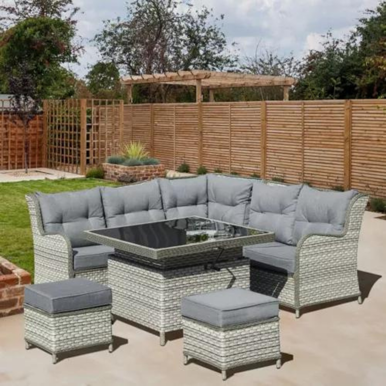 Outsunny rattan corner sofa set with rising table, footstools, and thick grey cushions - Perfect for entertaining and relaxing.