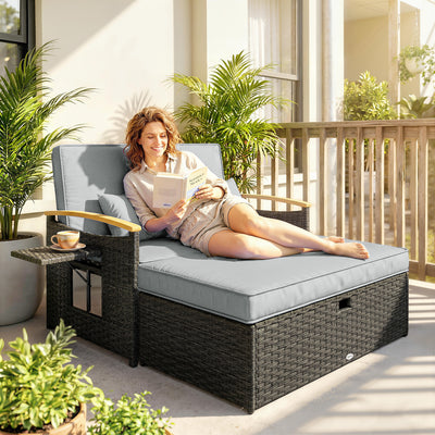 Rattan Daybed Outdoor Sofa Set with Adjustable Backrest and Hidden Storage Dark Grey