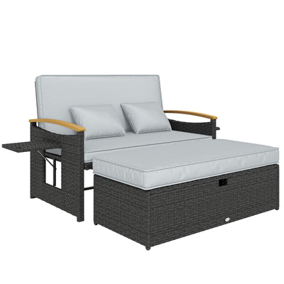 Rattan Daybed Outdoor Sofa Set with Adjustable Backrest and Hidden Storage Dark Grey